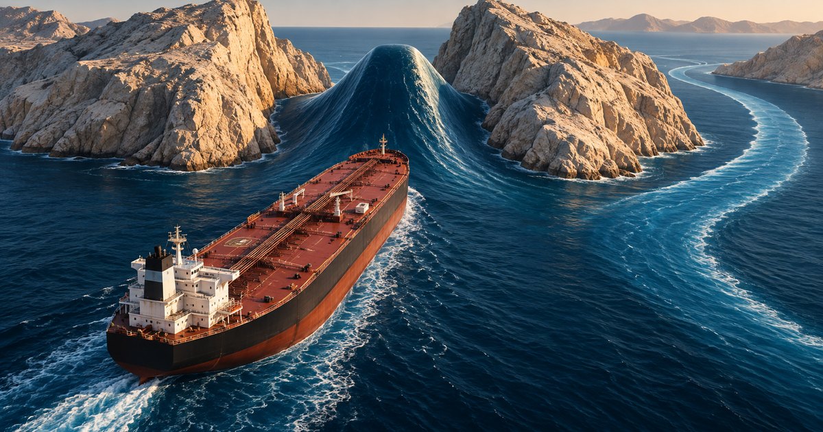 Editorial illustration: An oil tanker approaches a towering wave between sunlit rocky cliffs. A separate curved wake sweeps around the rocks to the right.