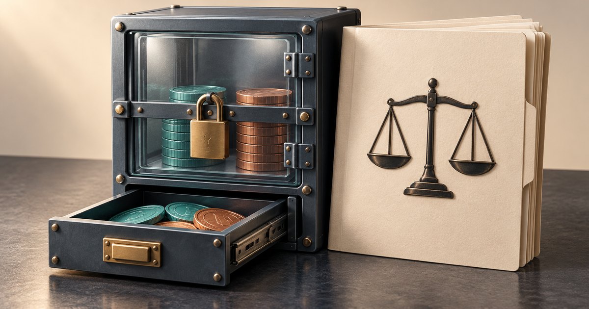 Editorial illustration: A dark metal cabinet holds teal and copper tokens behind a padlocked glass door, with more tokens in an open drawer. A cream folder bearing balance scales stands beside it.