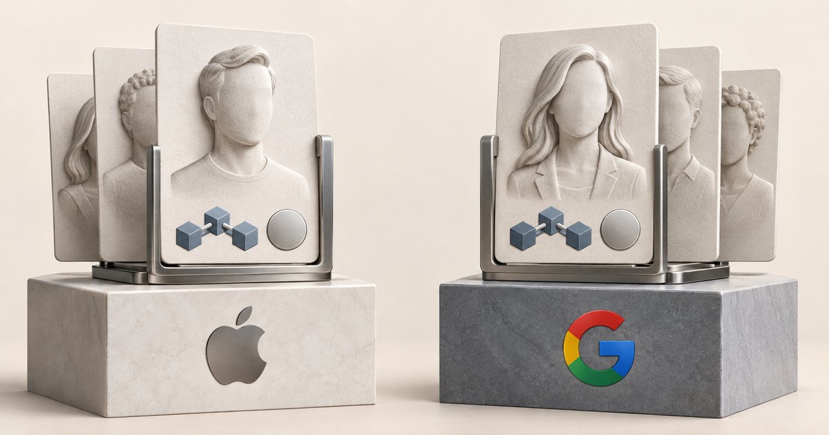 Editorial illustration: Stacks of sculpted, faceless portrait cards sit on pedestals bearing Apple and Google logos. Each front card displays three linked blue cubes and a silver coin-like disc.