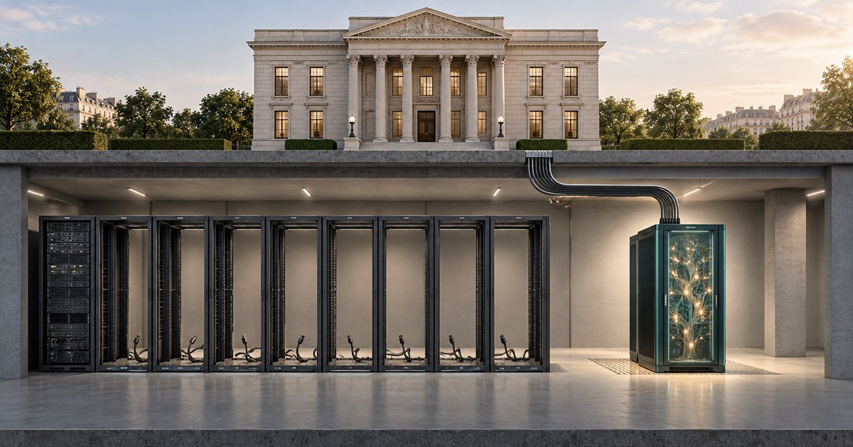 Editorial illustration: A classical bank building sits above a cutaway server room containing mostly empty equipment racks. Bundled cables connect the building to a separate cabinet filled with glowing, branching connections.
