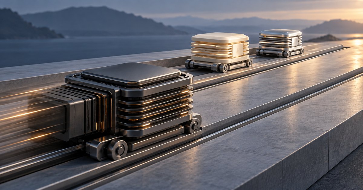Editorial illustration: Three wheeled, metallic processor stacks race along parallel tracks beside water and distant mountains. A large dark stack trails two smaller stacks, with golden motion streaks extending behind it.