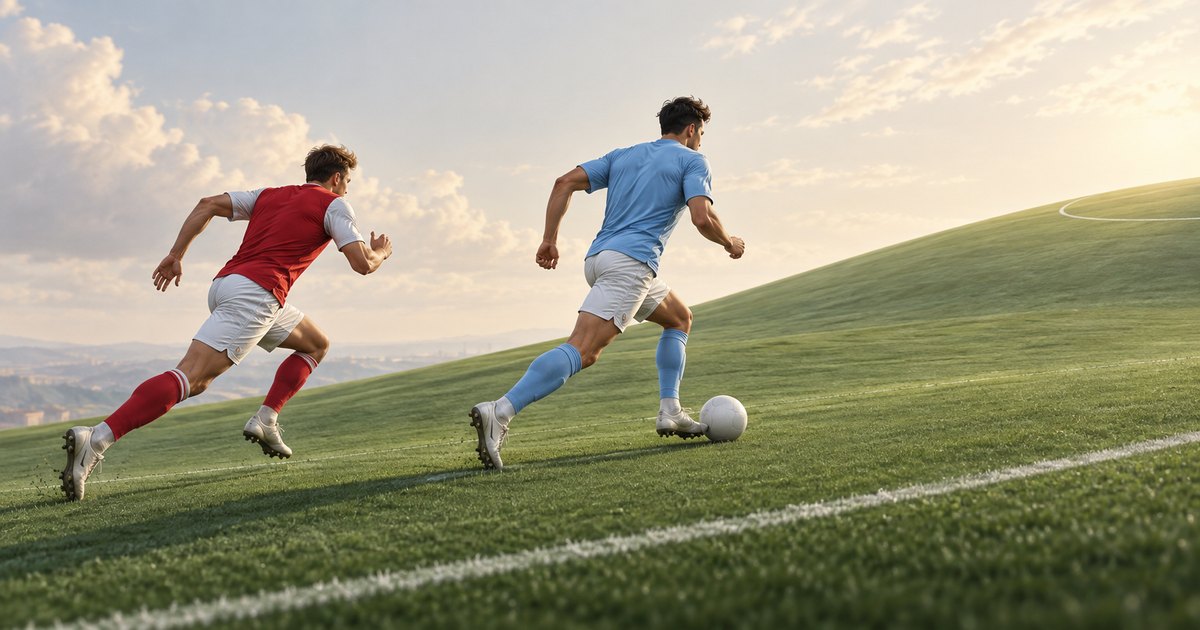 Editorial illustration: A footballer in sky blue dribbles a white ball uphill across a grassy pitch, ahead of a chasing player in red and white beneath a golden sky.