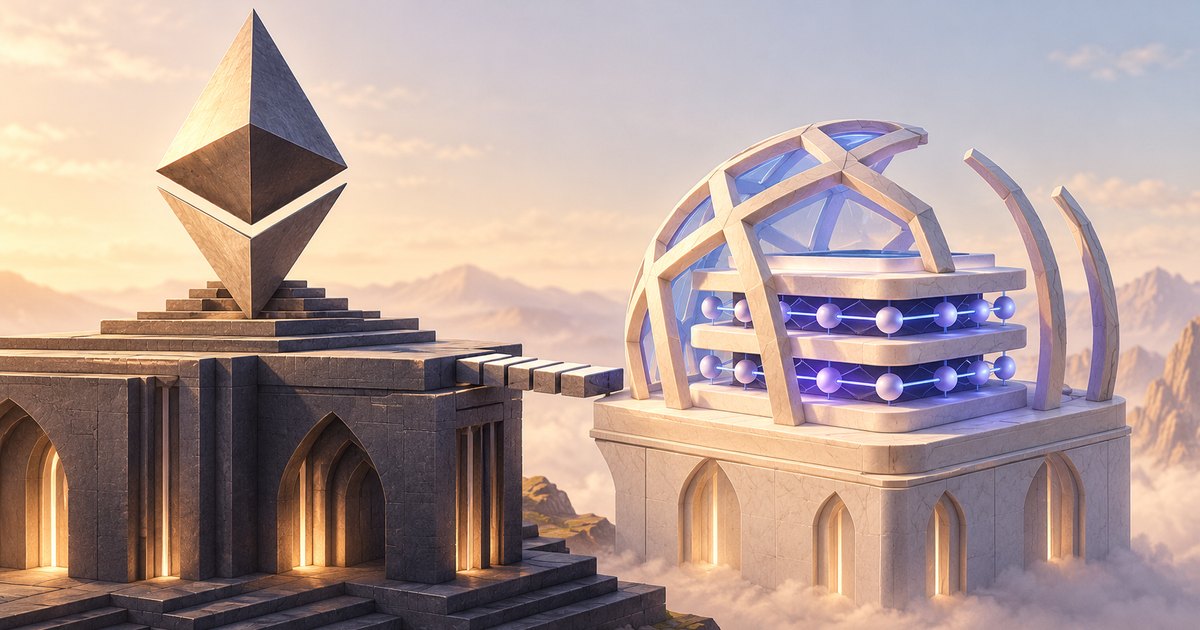 Editorial illustration: An Ethereum symbol rises above a dark stone platform beside a separate pale structure containing glowing connected spheres beneath an open dome. An incomplete bridge spans part of the gap between them.