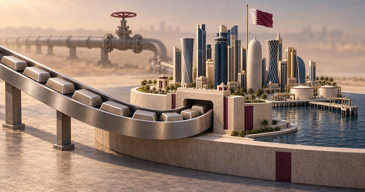 Editorial illustration: A conveyor carries metal ingots through a gateway into a walled waterfront skyline beneath Qatar’s flag. Storage tanks stand beside the water, with a large pipeline and valve in the sandy background.
