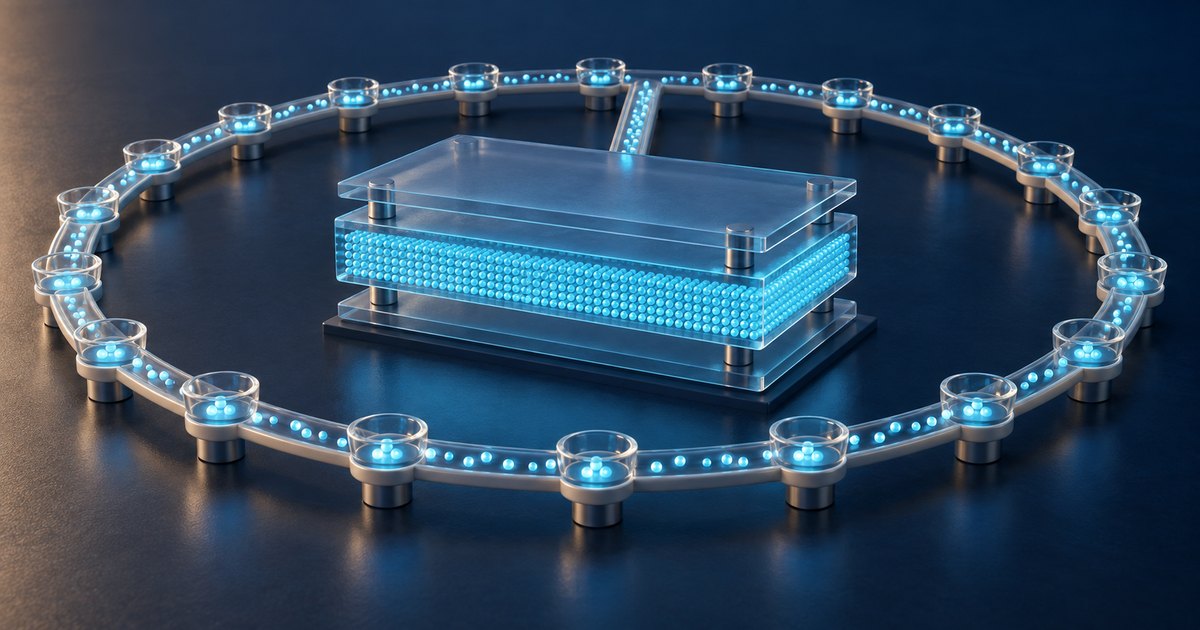 Editorial illustration: Glowing blue beads fill a transparent rectangular chamber surrounded by a circular track connecting small glass nodes on a dark blue surface.