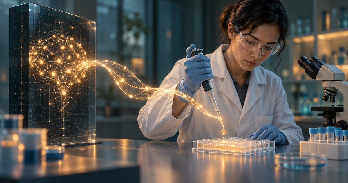 Editorial illustration: A scientist wearing safety glasses and blue gloves uses a pipette above a laboratory plate. Golden light trails connect a glowing neural network on a transparent panel to the experiment, with a microscope nearby.
