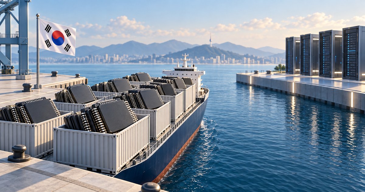 Editorial illustration: A cargo ship carries containers filled with oversized computer chips beside a South Korean flag. Server racks stand on the opposite quay, with water, a skyline and mountains behind.