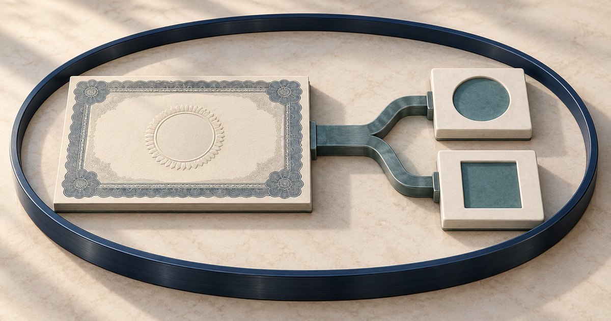 Editorial illustration: An ornate blank certificate connects through a branching metal link to circular and square insets in two pale blocks, enclosed by a dark oval band.