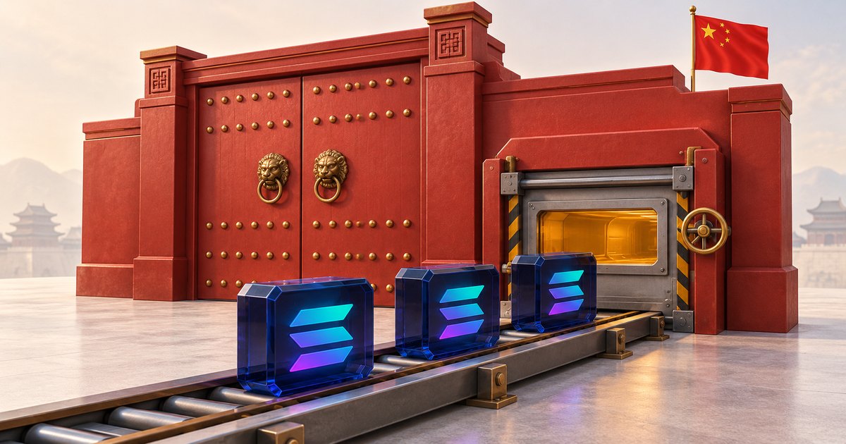 Editorial illustration: Three blue blocks bearing Solana symbols ride a conveyor toward a metal opening in a large red Chinese-style gate, with a Chinese flag above.