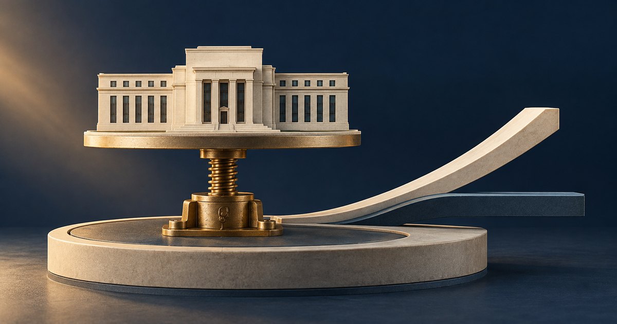 Editorial illustration: A pale stone central-bank building rests on a brass screw jack above a circular platform, beside a cream-colored curve rising toward the upper right against a dark blue background.