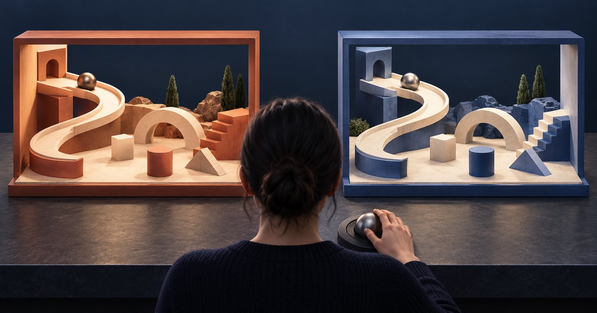 Editorial illustration: A person viewed from behind rests a hand on a trackball while facing two framed miniature scenes with curved ramps, metallic balls, arches, stairs and geometric solids, one in warm orange and the other in cool blue.