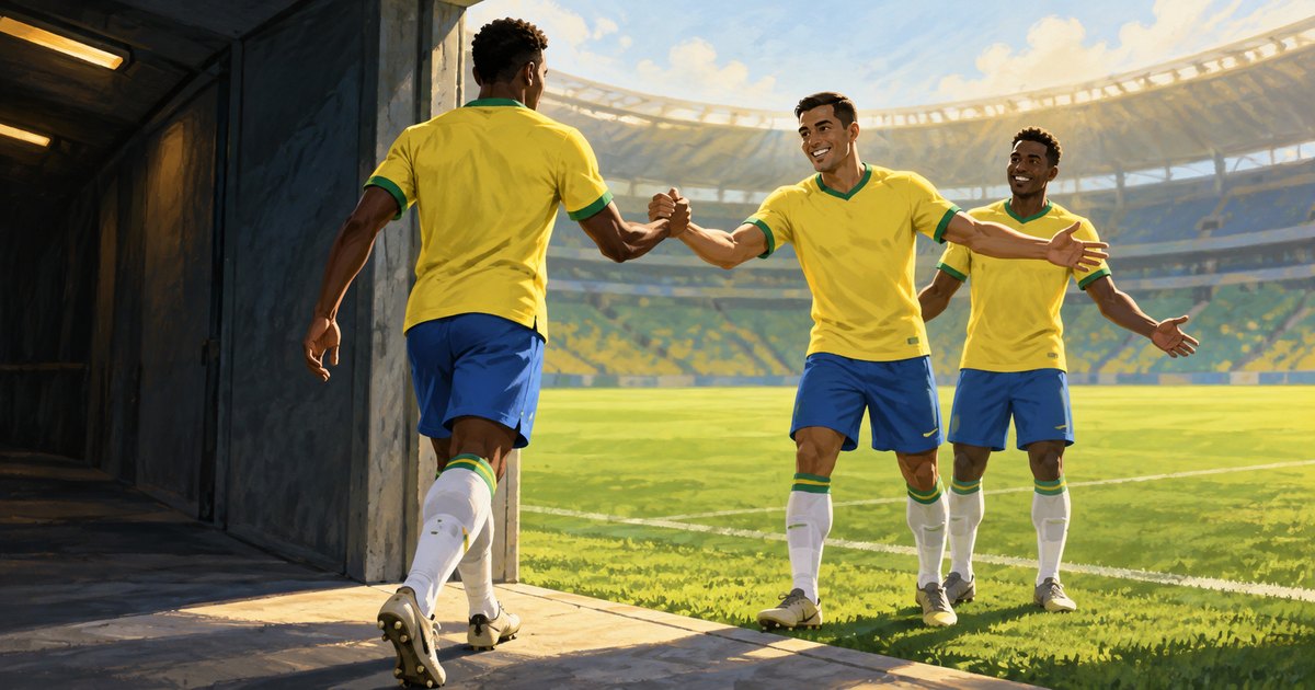 Editorial illustration: A soccer player in yellow and blue steps from a shaded tunnel onto a sunny pitch, clasping one teammate’s hand as another welcomes him with open arms.