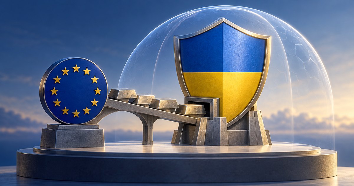 Editorial illustration: Gold bars rest on a stone bridge between a blue EU emblem with gold stars and a large blue-and-yellow shield beneath a translucent dome.