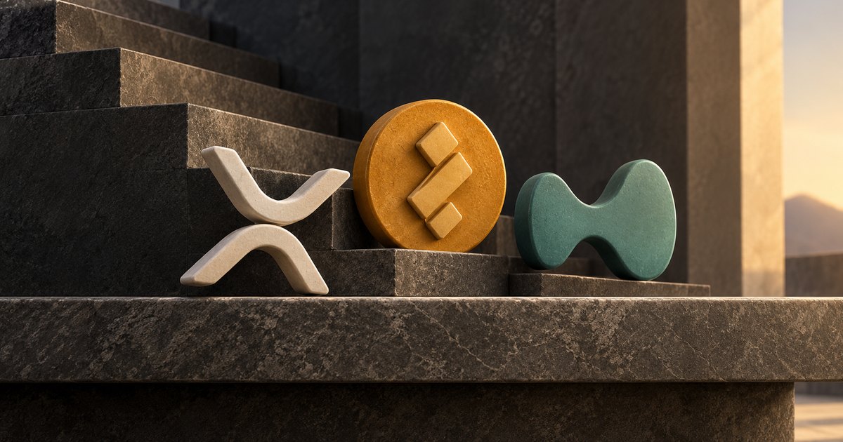 Editorial illustration: Ivory XRP, gold Zcash and teal Hyperliquid symbols stand on dark stone steps above a broad ledge, lit by warm sunlight from the right.