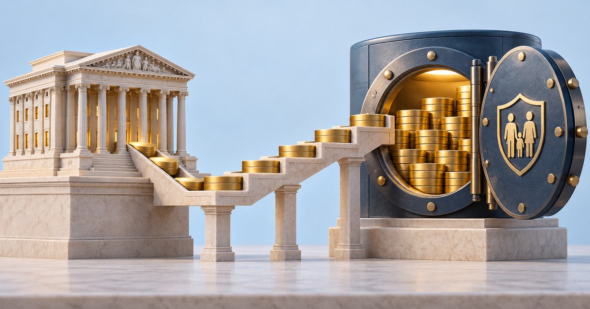 Editorial illustration: Gold coins line a stepped stone bridge between a classical columned building and an open vault filled with coins. A shield depicting a family decorates the vault door.