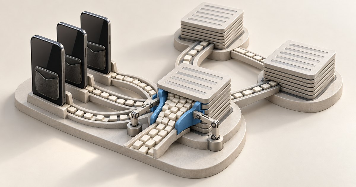 Editorial illustration: Three smartphones with wallet pockets connect by block-filled tracks to stacked server nodes. Blocks crowd the central node, framed by blue supports and small mechanical arms.