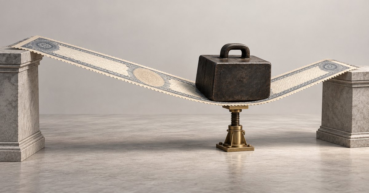 Editorial illustration: A long, ornate financial certificate spans two stone pedestals, bending beneath a heavy iron weight. A small brass screw jack supports its lowest point.