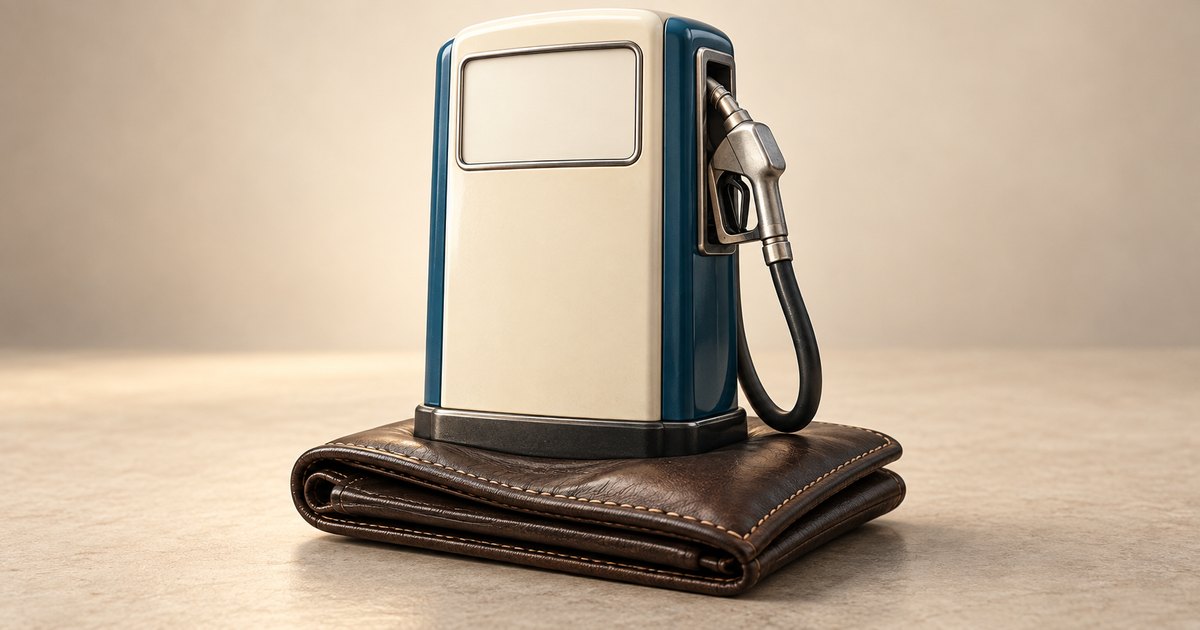 Editorial illustration: A cream and blue gasoline pump with a hanging nozzle rests on a folded brown leather wallet against a warm beige background.