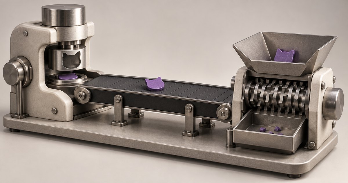 Editorial illustration: A metal press stamps purple cat-shaped tokens beside a nearly empty conveyor leading toward a shredder. A purple cat token sits in its hopper, with a few fragments in the tray below.