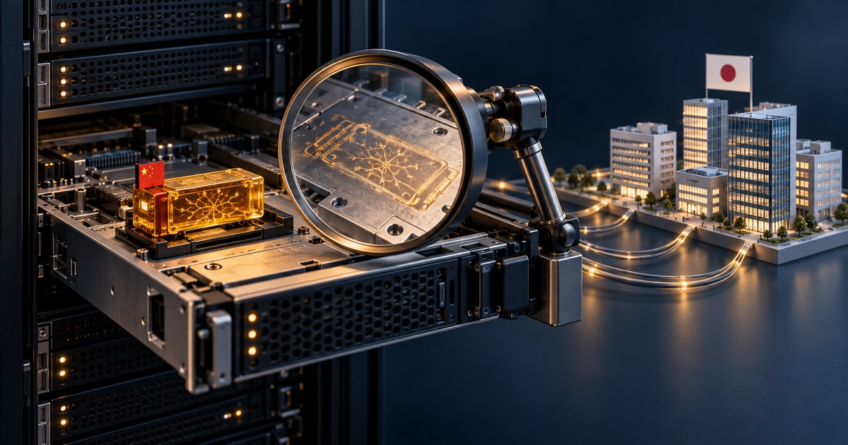 Editorial illustration: A magnifying glass enlarges a glowing circuit pattern inside an open server beside a Chinese flag. Curving illuminated lines connect the server to miniature office buildings beneath a Japanese flag.