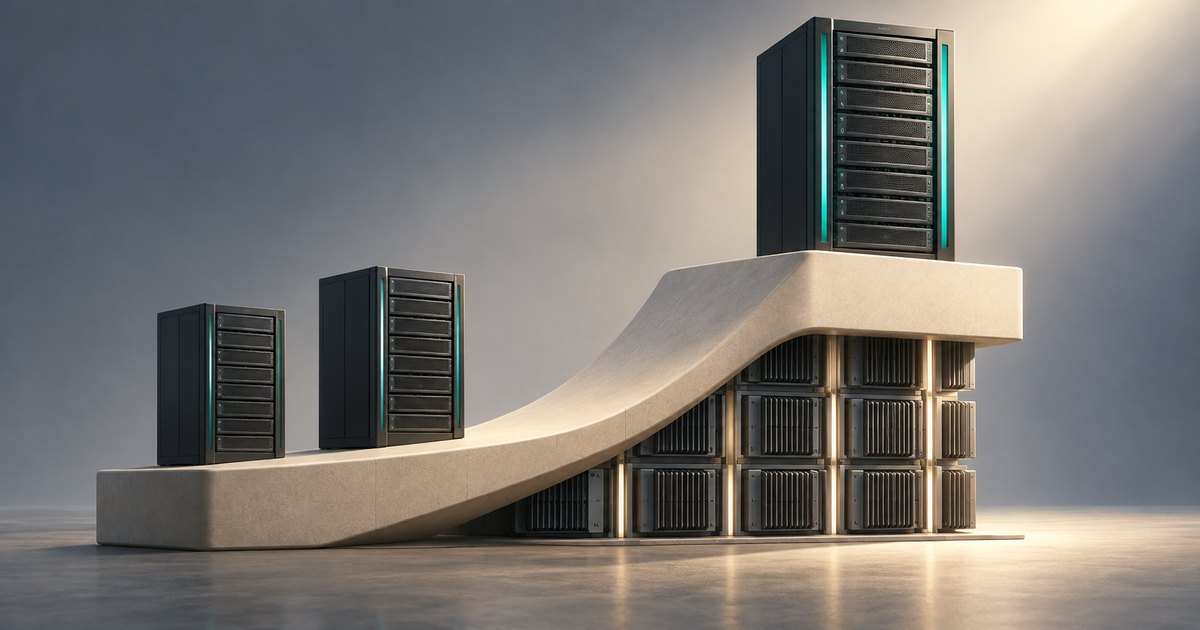 Editorial illustration: Three dark server racks stand along a cream-colored ascending ramp, with stacked computing hardware supporting its elevated end.
