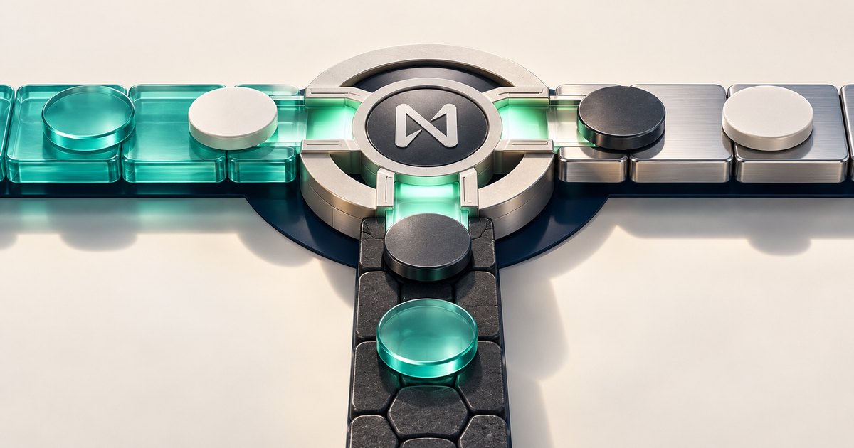 Editorial illustration: A circular metallic hub bearing the NEAR symbol connects three tracks with teal, ivory and dark discs. Green light glows through the junction.