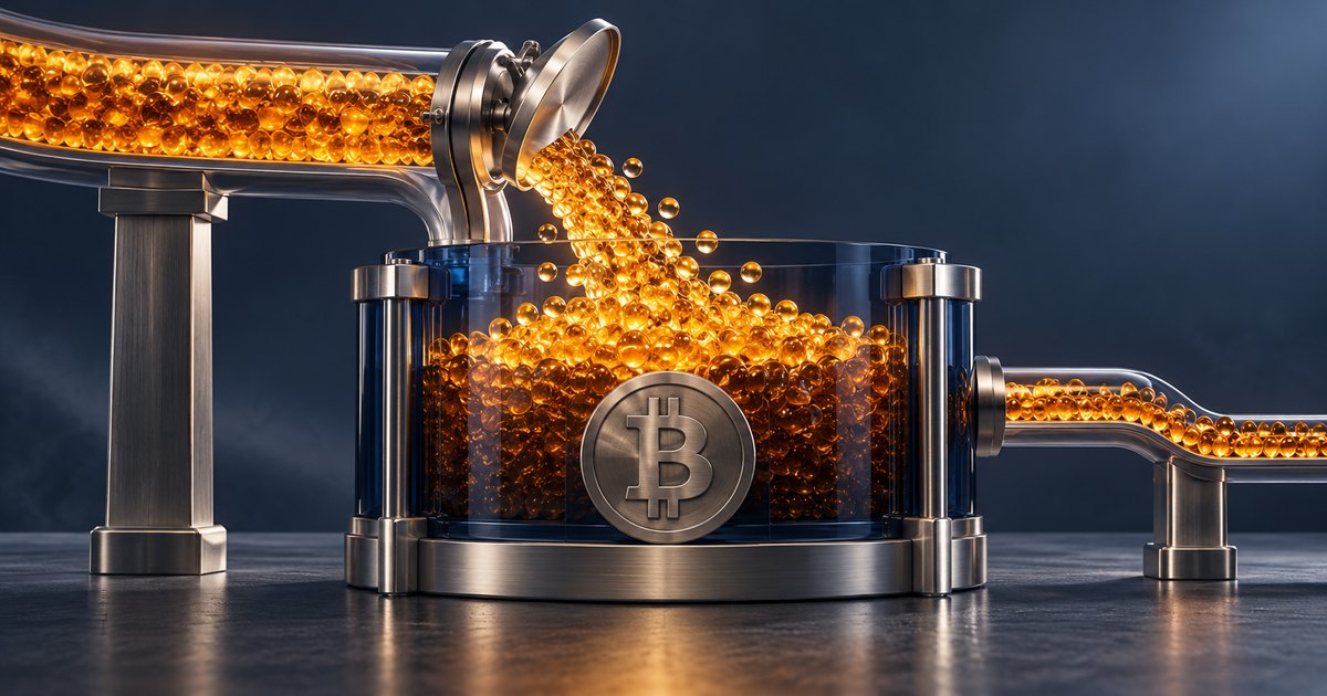 Editorial illustration: Gold beads pour from a large transparent pipe into a glass reservoir bearing a Bitcoin symbol, while a smaller pipe carries beads away against a dark blue background.