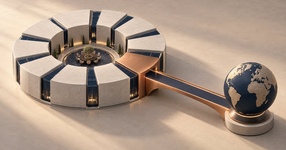 Editorial illustration: A segmented circular stone building surrounds a courtyard with a meeting table and tree. A copper entrance and bridge connect the building to a dark globe with gold continents.