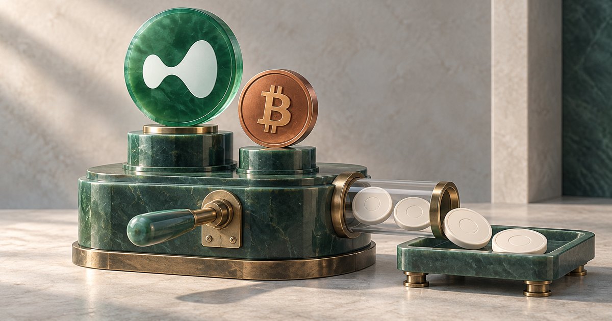 Editorial illustration: A green Hyperliquid token and copper Bitcoin token stand atop a green marble machine with a hand crank. Pale coins emerge through a transparent tube into a matching tray.