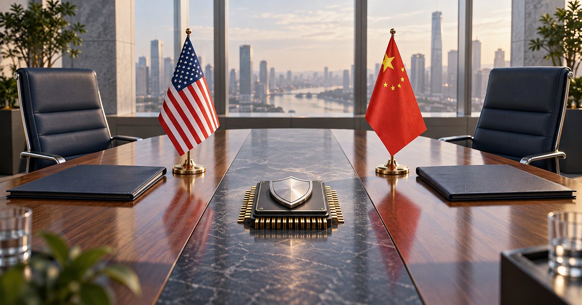 Editorial illustration: US and Chinese desk flags flank a microchip topped with a silver shield on a polished conference table. Empty chairs and closed folders sit before windows overlooking a city skyline.