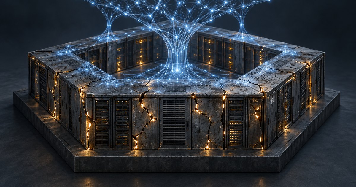Editorial illustration: Dark server racks form a fortress-like enclosure with cracked surfaces glowing orange. A branching blue network of connected lights rises above the center.