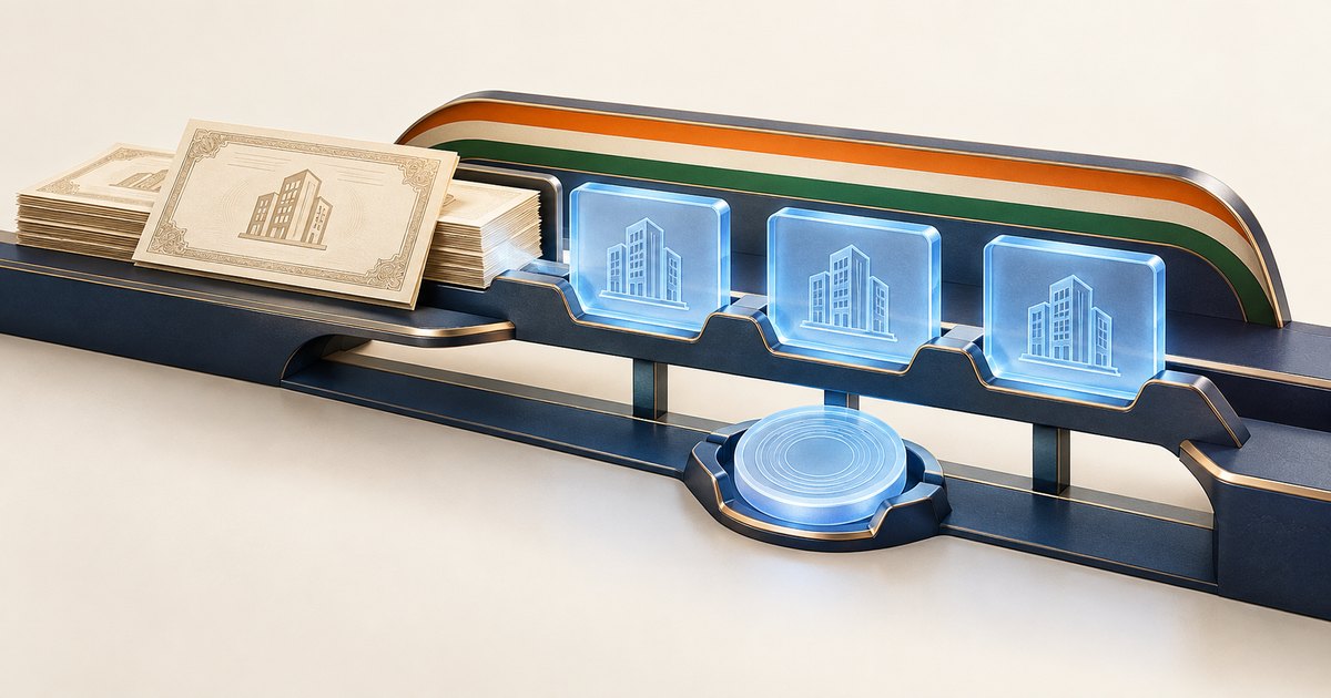 Editorial illustration: Stacked paper certificates bearing building icons lead into three glowing blue tiles with matching icons. A luminous coin sits below the platform, backed by saffron, white and green bands.