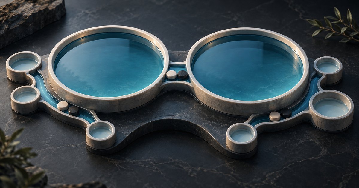 Editorial illustration: Two large circular basins filled with blue water connect through narrow channels to six smaller basins. A few light and dark discs rest beside the channels on a dark stone surface.