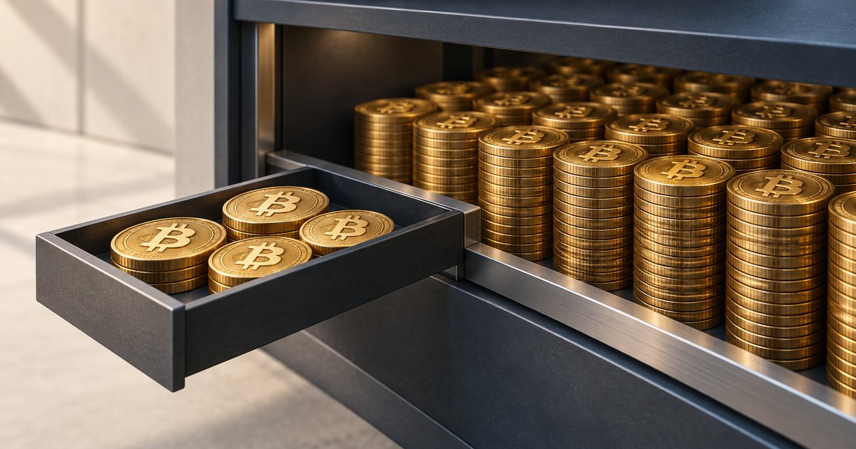 Editorial illustration: Gold Bitcoin coins sit in an open metal drawer beside rows of taller coin stacks inside a dark storage cabinet.