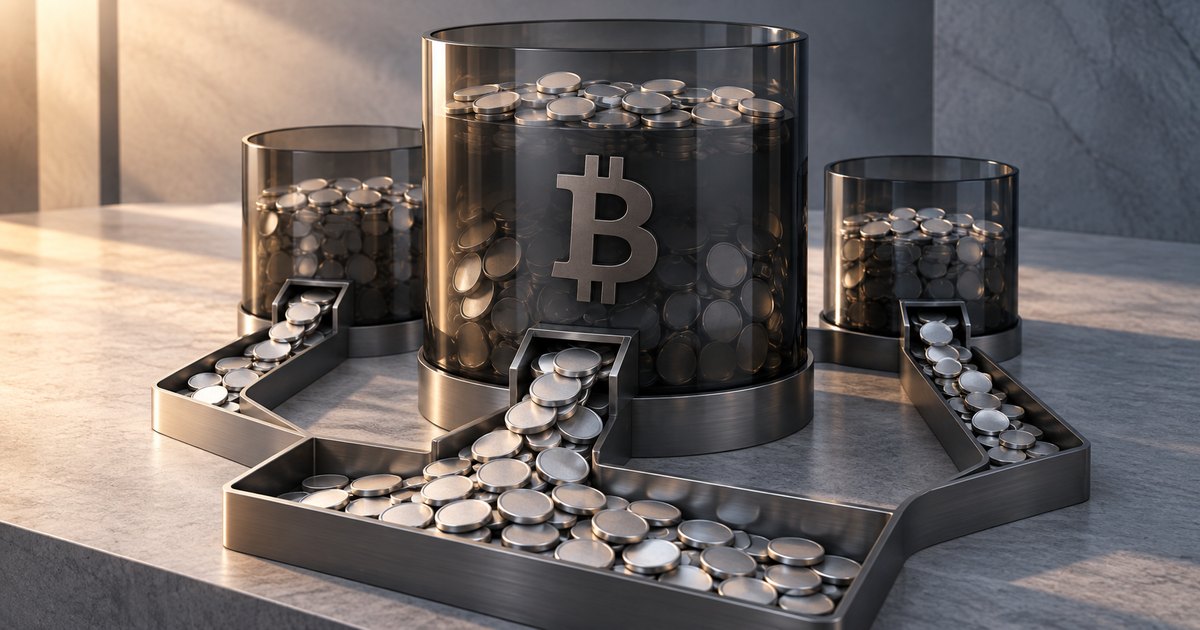 Editorial illustration: Three smoky glass cylinders hold silver coins. The largest bears a Bitcoin symbol, and coins spill down metal chutes into a shared foreground tray.