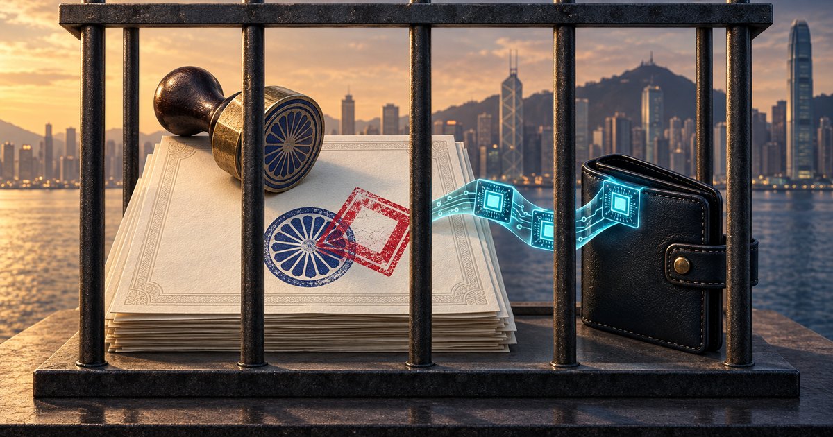 Editorial illustration: Stamped papers and a brass stamp beside a black wallet behind iron bars. A glowing blue circuit ribbon connects the papers and wallet, with Hong Kong’s waterfront skyline in the background.
