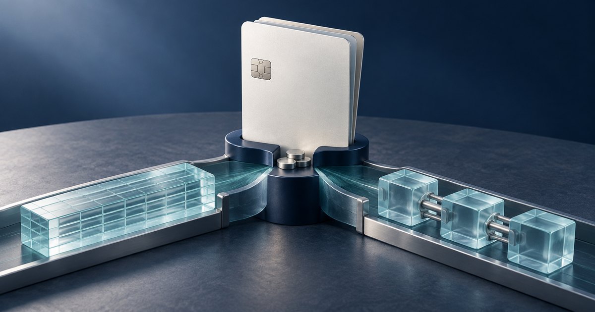 Editorial illustration: Silver payment cards stand above a dark junction with small coins, connecting a transparent rectangular grid on the left to three glass cubes joined by metal rods on the right.