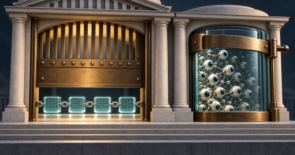 Editorial illustration: Four glowing linked blocks sit beneath a brass gate in a stone institutional facade. Beside them, a glass cylinder reinforced with brass bands contains a dense network of connected robotic spheres.