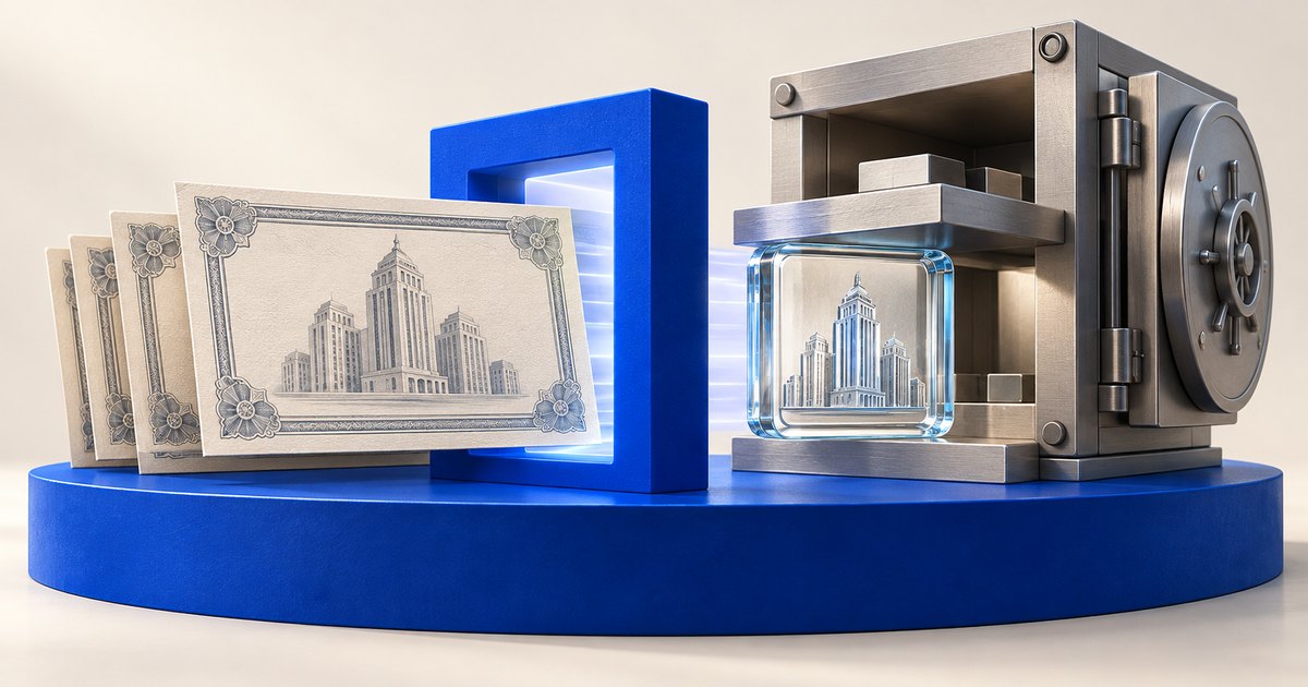 Editorial illustration: Paper certificates bearing building engravings extend through a glowing blue rectangular gateway toward a glasslike square token displaying the same building, positioned inside an open metal vault.