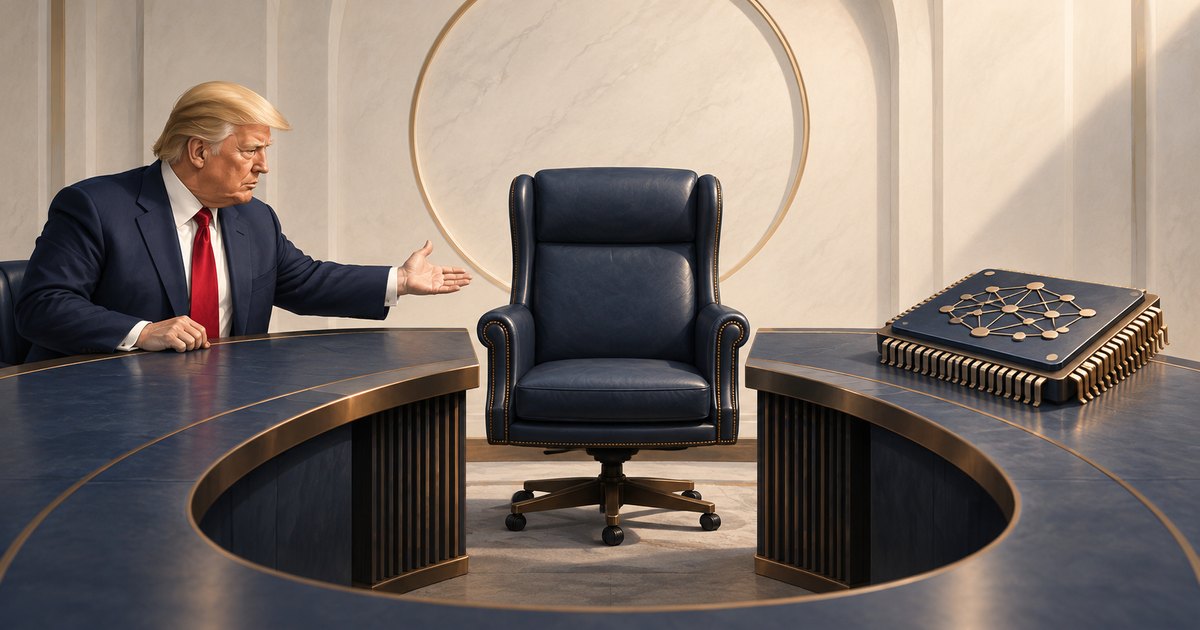 Editorial illustration: Donald Trump gestures toward an empty navy executive chair between curved desks. An oversized microchip bearing a network motif rests on the right desk.