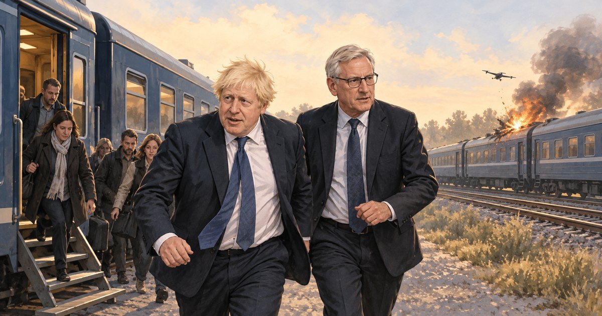 Editorial illustration: Boris Johnson and Carl Bildt hurry alongside a train as passengers descend its steps. Across adjacent tracks, flames and smoke rise from another train, with a drone overhead.