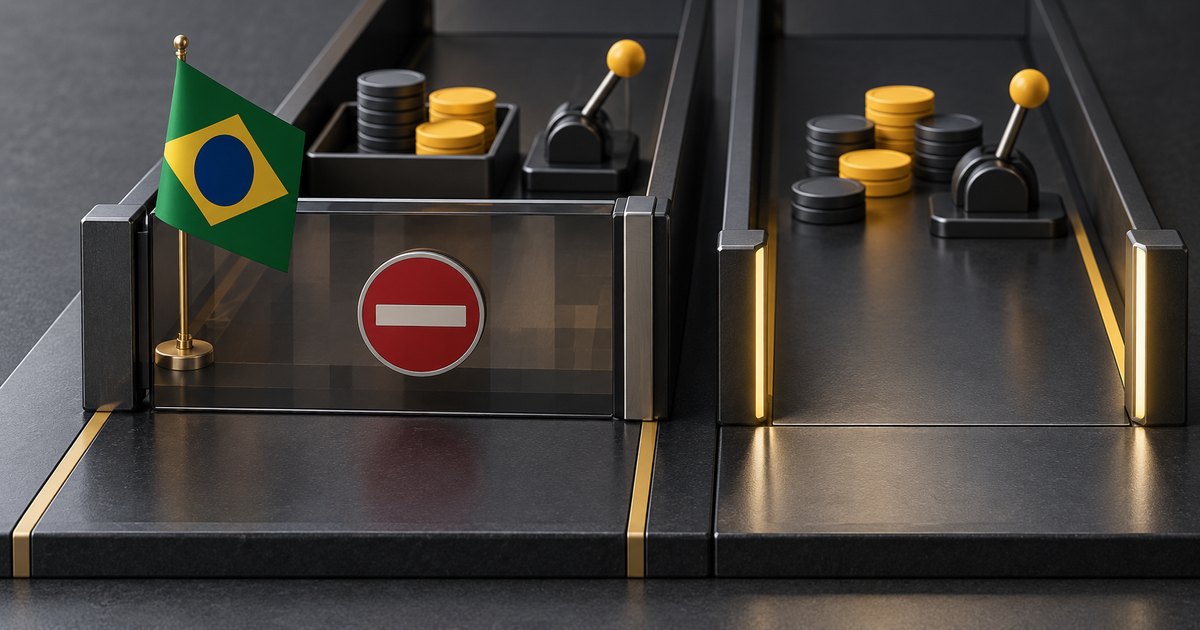 Editorial illustration: Two dark metallic lanes hold stacks of gold and black tokens and mechanical levers. A Brazilian flag and a glass barrier bearing a no-entry symbol block the left lane; the right lane remains open.