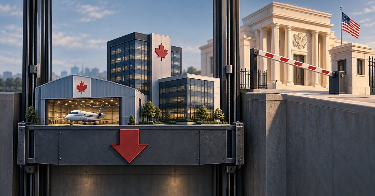 Editorial illustration: A hangar containing a jet and office buildings marked with maple leaves sit on a descending platform with a red downward arrow. Beside them, a striped barrier guards a columned building flying an American flag.