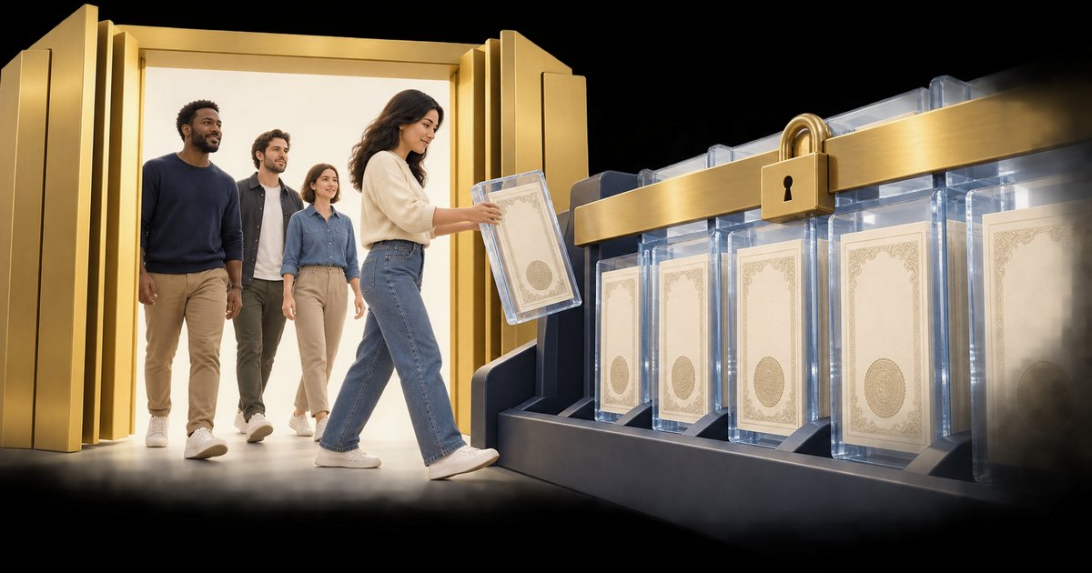 Editorial illustration: Four casually dressed people enter a golden doorway. The woman in front carries an encased certificate toward a rack of similar certificates secured by a gold bar and padlock.