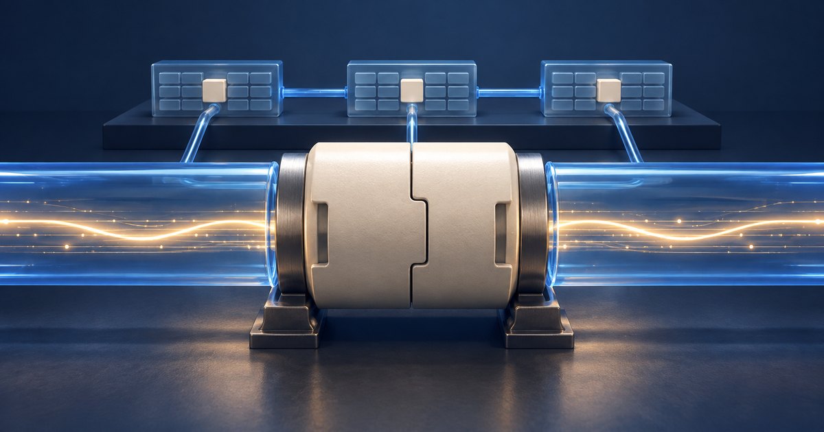 Editorial illustration: A cream-colored interlocking coupling joins two transparent blue tubes carrying golden light trails, with three connected rectangular modules behind it.
