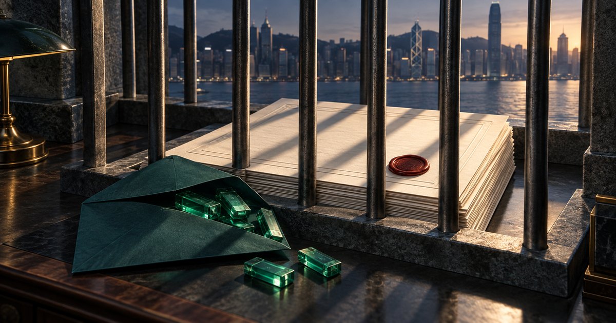 Editorial illustration: An open dark green envelope holds glasslike green blocks beside prison bars. Behind the bars sits a stack of blank papers with a red wax seal, overlooking Hong Kong’s harbor skyline at dusk.