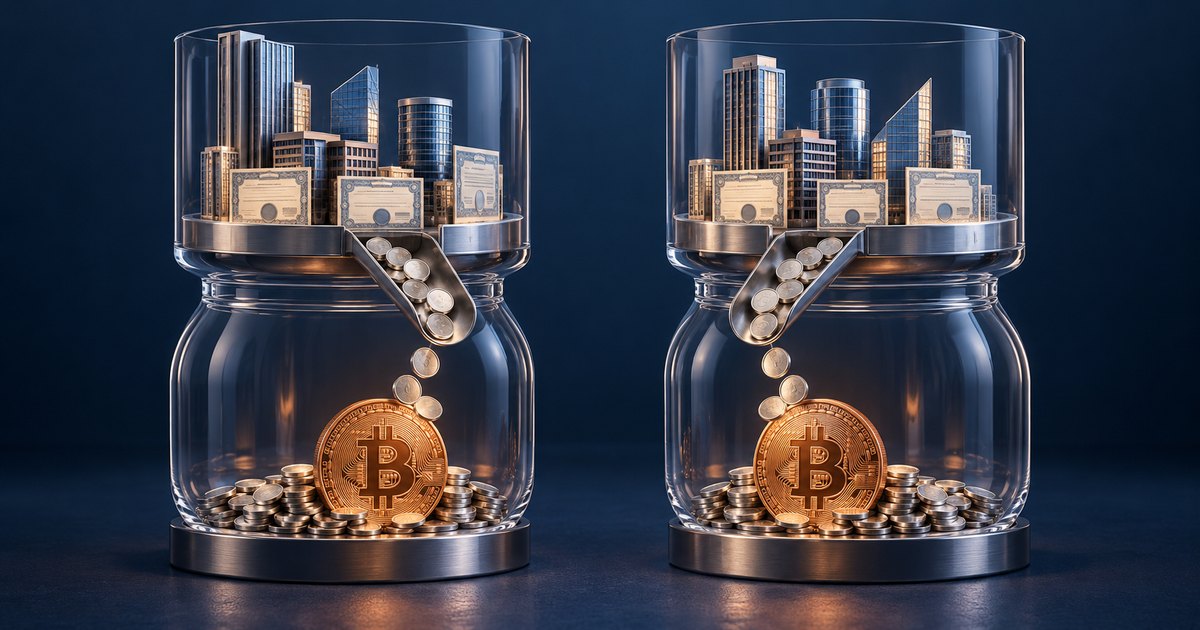 Editorial illustration: Two glass vessels contain miniature office towers and certificates above chutes that drop silver coins toward large gold Bitcoin coins and coin piles below.