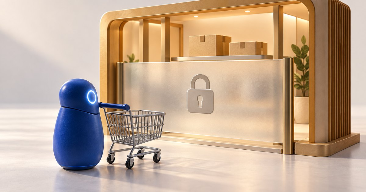 Editorial illustration: A blue robot stands beside an empty shopping cart facing a translucent barrier with a large padlock symbol. Cardboard parcels sit behind the barrier inside a warmly lit storefront.