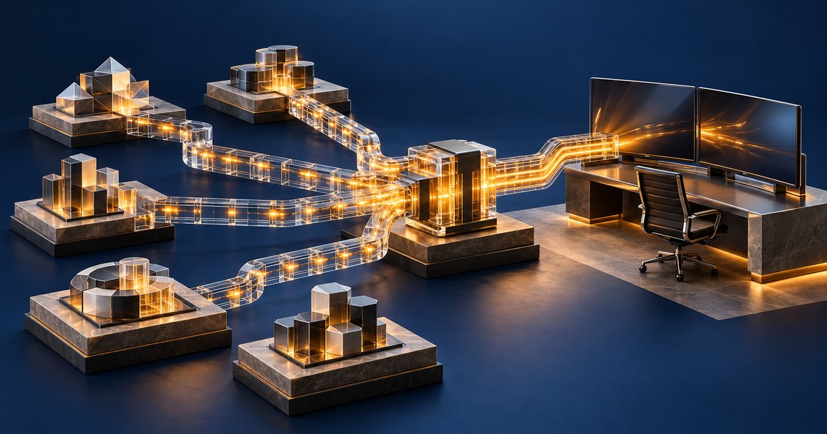 Editorial illustration: Glowing amber conduits link geometric structures through a central hub to a desk with two monitors and an empty office chair against a dark blue background.