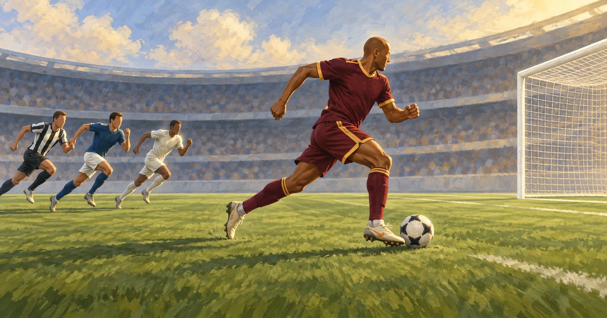 Editorial illustration: A soccer player in burgundy and gold dribbles toward a goal on the right, with three players trailing behind in a sunlit stadium.